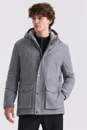 Grı Comfort Fit Kapüşonlu Yünlü Mont 