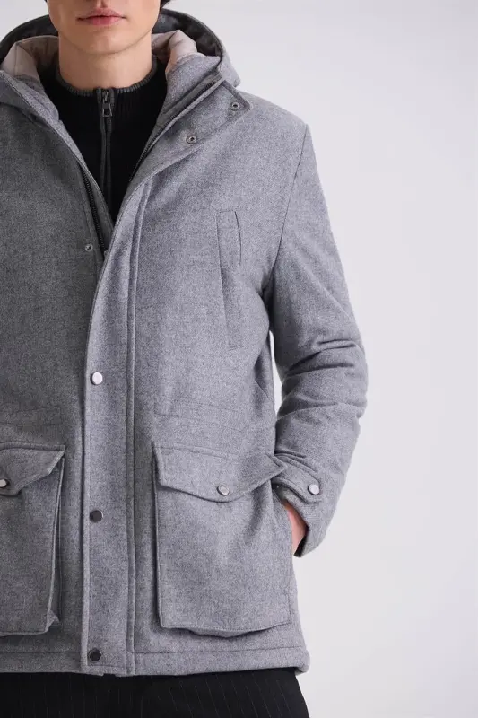 Grı Comfort Fit Kapüşonlu Yünlü Mont - 3