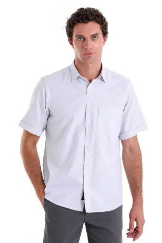 Gri Comfort Fit Kareli Pamuklu Slim Yaka Kısa Kol Klasik Gömlek-Gri Ç. - HATEMOĞLU (1)