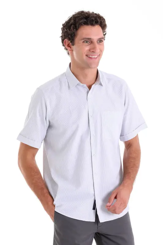 Gri Comfort Fit Kareli Pamuklu Slim Yaka Kısa Kol Klasik Gömlek - Gri Ç. - HATEMOĞLU
