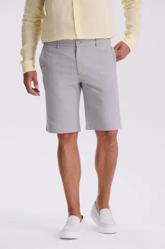 Gri Comfort Fit Keten Dokulu Rahat Kesim Pamuklu Şort 