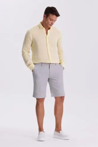Gri Comfort Fit Keten Dokulu Rahat Kesim Pamuklu Şort - 2