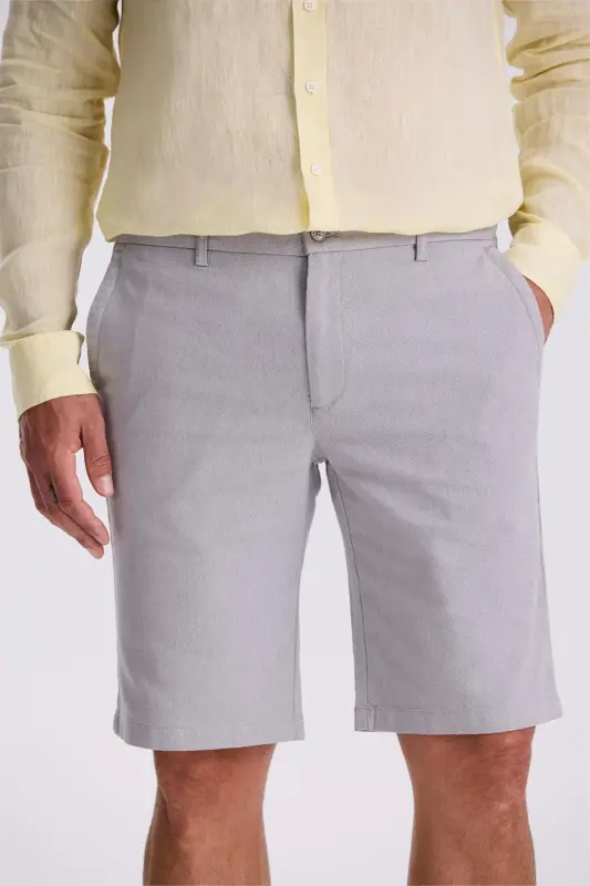 Gri Comfort Fit Keten Dokulu Rahat Kesim Pamuklu Şort - 3