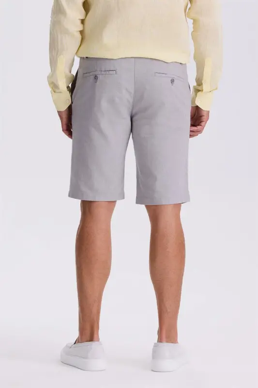 Gri Comfort Fit Keten Dokulu Rahat Kesim Pamuklu Şort - 4