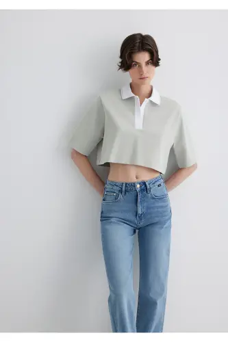 Gri Crop Polo Tişört Crop / Kısa Kesim 1613000-70083 - Gri-70083 - 3