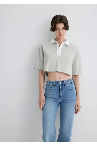 Gri Crop Polo Tişört Crop / Kısa Kesim 1613000-70083 - Gri-70083 - 4