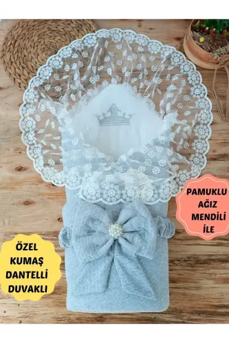 Gri Dantelli Kız Erkek Bebek Battaniyesi Kundağı Hediyelik Mevlütlük Hastane Çıkışı Yenidoğan - GRİ - TOMUYCUK (1)