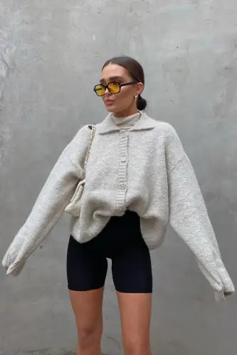 Gri Düğmeli Triko Kazak Hırka MG1957-Gri - 1