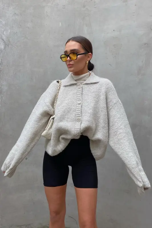 Gri Düğmeli Triko Kazak Hırka MG1957-Gri - 1