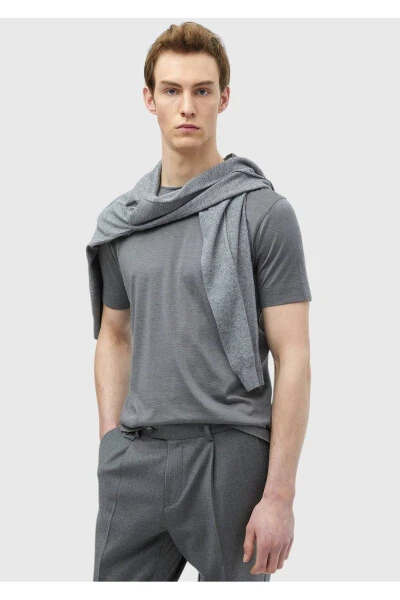 Gri Düz Bisiklet Yaka Pamuk Karışımlı T-Shirt-Gri - RAMSEY (1)