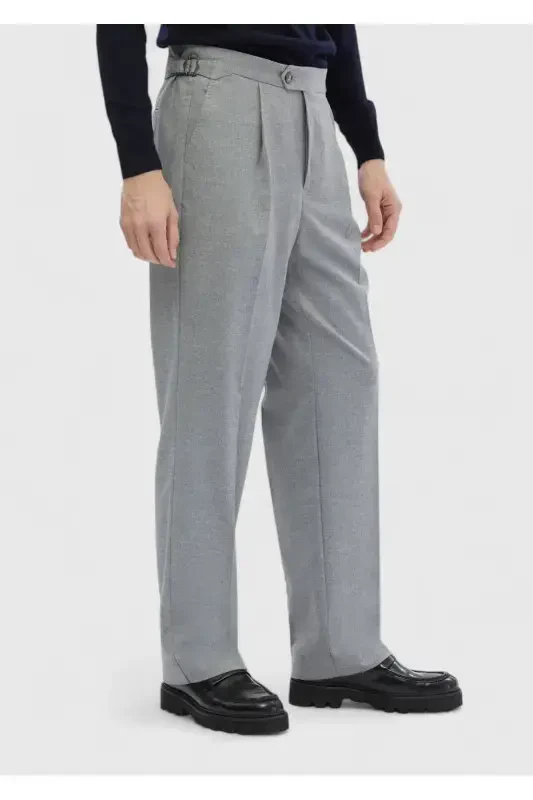 Gri Düz Dokuma Loose Fit Casual Pantolon - 3