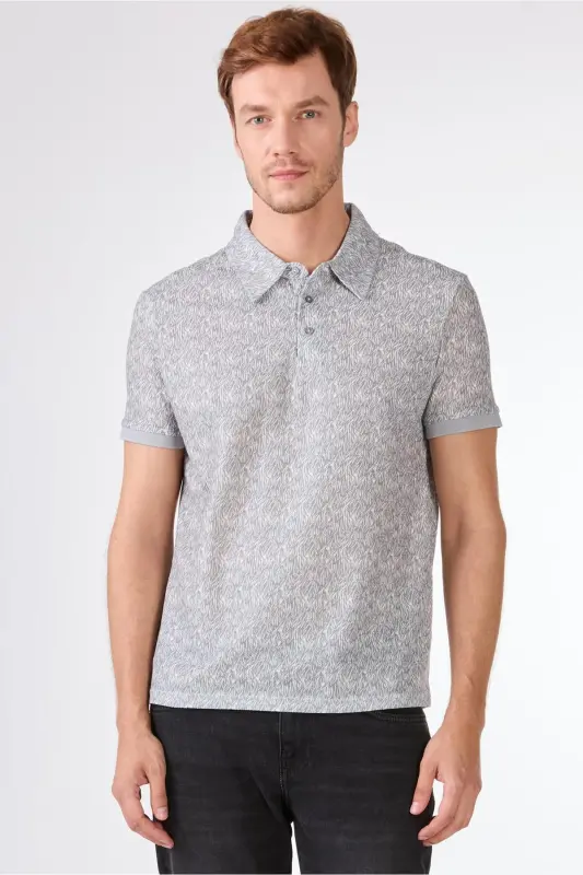 Gri Erkek Ekstra Slim Fit Desenli Casual Polo Yaka T-shirt - GRİ - 1