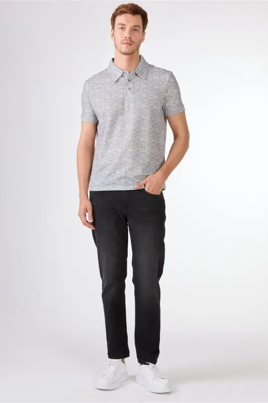 Gri Erkek Ekstra Slim Fit Desenli Casual Polo Yaka T-shirt - GRİ - 2