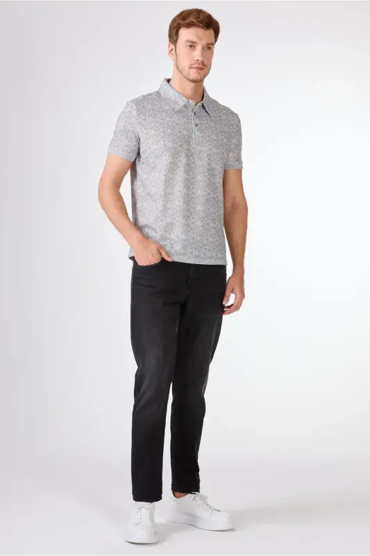 Gri Erkek Ekstra Slim Fit Desenli Casual Polo Yaka T-shirt - GRİ - 3
