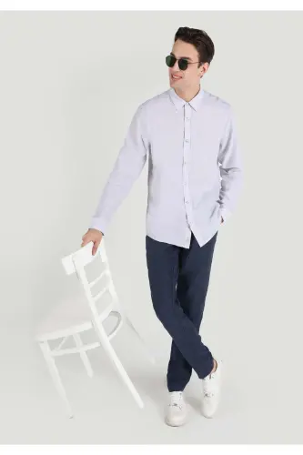 Comfort Fit Shirt Neck Düz Erkek Gri Düğmeli Uzun Kol Gömlek - AÇIK GRİ - 1