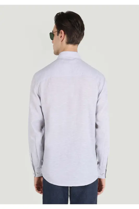 Comfort Fit Shirt Neck Düz Erkek Gri Düğmeli Uzun Kol Gömlek - AÇIK GRİ - 2