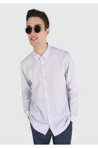 Comfort Fit Shirt Neck Düz Erkek Gri Düğmeli Uzun Kol Gömlek - AÇIK GRİ - 3