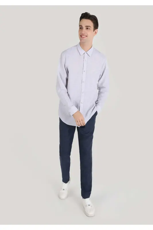 Comfort Fit Shirt Neck Düz Erkek Gri Düğmeli Uzun Kol Gömlek - AÇIK GRİ - 5