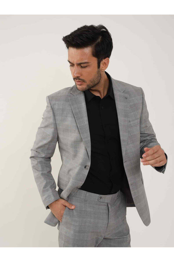 Gri Erkek Slim Fit Ekose Desenli Mono Yaka Takım Elbise - 95012 - 2