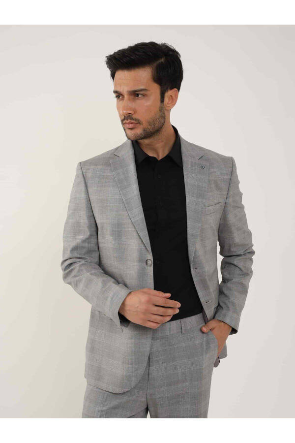 Gri Erkek Slim Fit Ekose Desenli Mono Yaka Takım Elbise - 95012 - 5