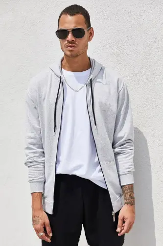 Gri Fermuarlı Kapüşonlu Erkek Sweatshirt - 2