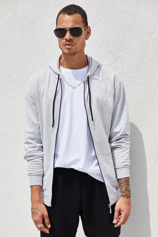 Gri Fermuarlı Kapüşonlu Erkek Sweatshirt - 2