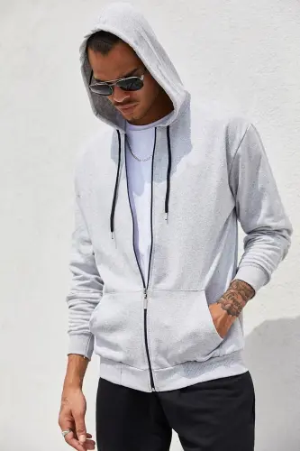 Gri Fermuarlı Kapüşonlu Erkek Sweatshirt - 6