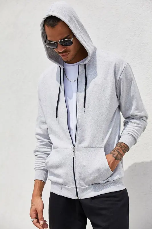 Gri Fermuarlı Kapüşonlu Erkek Sweatshirt - 6