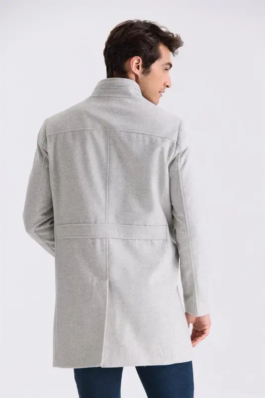 Gri Slim Fit Dik Yaka Balık Sırtı Desenli Yünlü Spor Kaban - 4