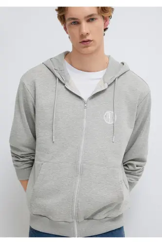MVJNS Logo Baskılı Fermuarlı Kapüşonlu Gri Sweatshirt 0S10193-80196 - Gri-80196 - 2