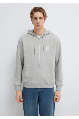 MVJNS Logo Baskılı Fermuarlı Kapüşonlu Gri Sweatshirt 0S10193-80196 - Gri-80196 - 3