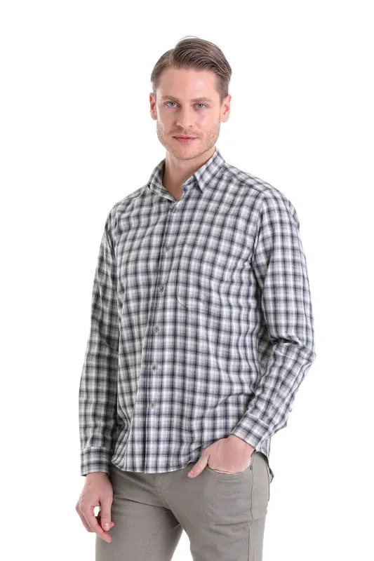 Gri Klasik Fit Kareli Slim Yaka Uzun Kollu Casual Flanel Gömlek-Gri K. - HATEMOĞLU