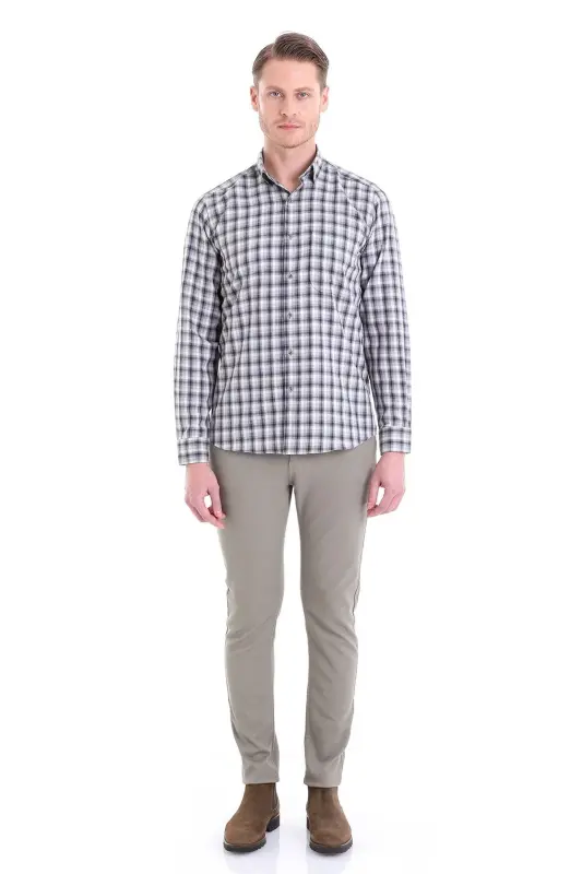 Gri Klasik Fit Kareli Slim Yaka Uzun Kollu Casual Flanel Gömlek-Gri K. - 4