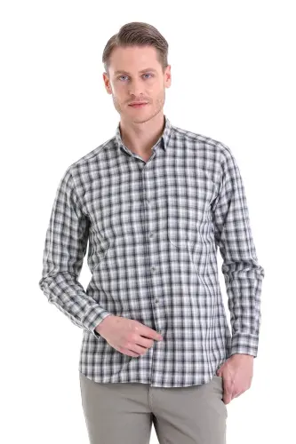 Gri Klasik Fit Kareli Slim Yaka Uzun Kollu Casual Flanel Gömlek-Gri K. - HATEMOĞLU (1)