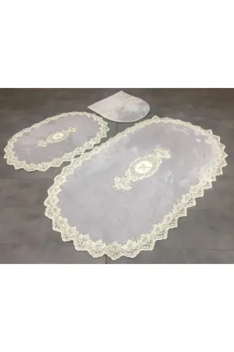 Gri Lisa 3lu Seplik Fransuz Dantelli Aplikli Klozet Takımı Banyo Halısı Paspas Seti-Gri 