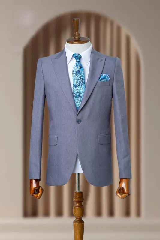Gri Mavi İtalyan Stil Slim Fit Klasik Erkek Blazer Ceket-Gri Mavi - 2