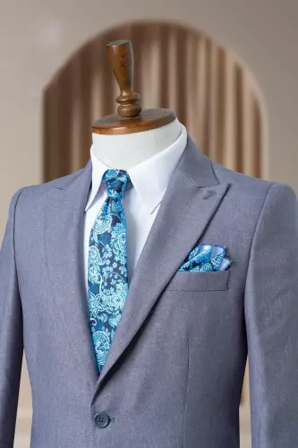Gri Mavi İtalyan Stil Slim Fit Klasik Erkek Blazer Ceket - Gri Mavi 