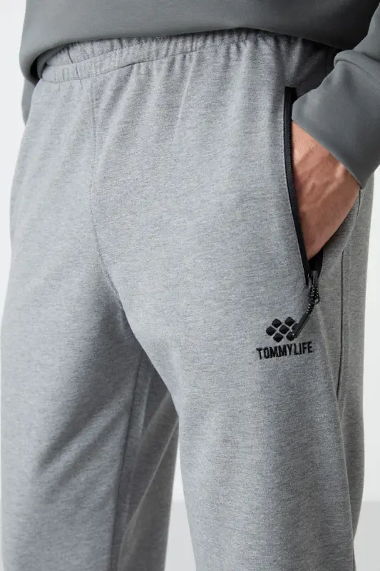 Gri Melanj Fermuar Cepli Standart Kalıp Jogger Erkek Eşofman Alt - 84587-GB MELANJ - 3