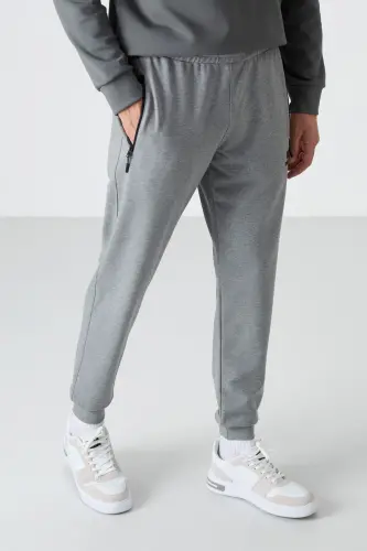 Gri Melanj Fermuar Cepli Standart Kalıp Jogger Erkek Eşofman Alt - 84587-GB MELANJ - 4