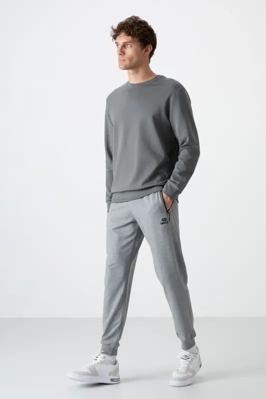 Gri Melanj Fermuar Cepli Standart Kalıp Jogger Erkek Eşofman Alt - 84587 - GB MELANJ - 2