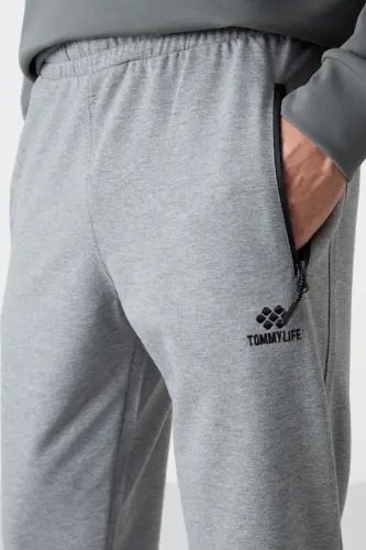 Gri Melanj Fermuar Cepli Standart Kalıp Jogger Erkek Eşofman Alt - 84587 - GB MELANJ - 3