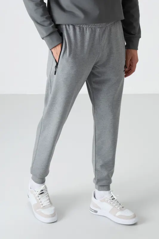 Gri Melanj Fermuar Cepli Standart Kalıp Jogger Erkek Eşofman Alt - 84587 - GB MELANJ - 4