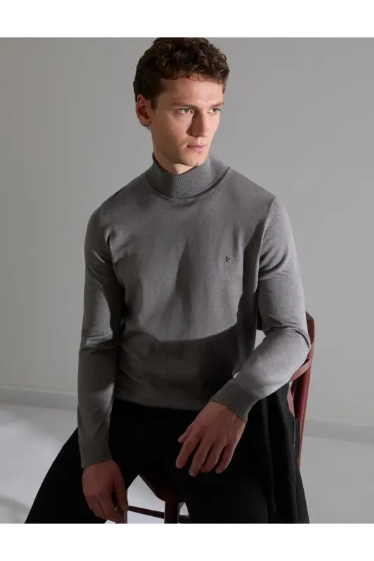 Gri Melanj Slim Fit Balıkçı Yaka Basic Triko Kazak 50314202-VR086 - Gri Melanj - 1