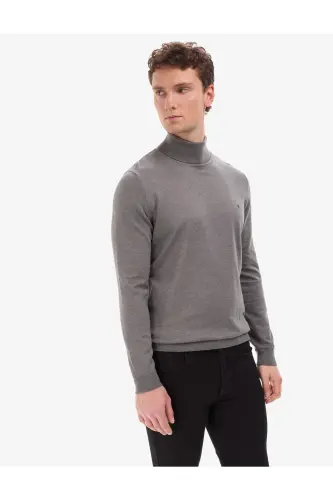 Gri Melanj Slim Fit Balıkçı Yaka Basic Triko Kazak 50314202-VR086 - Gri Melanj - 4