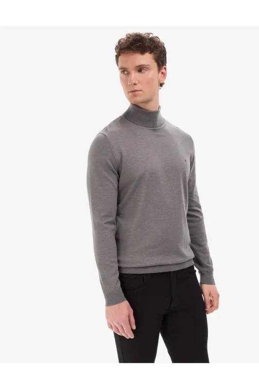 Gri Melanj Slim Fit Balıkçı Yaka Basic Triko Kazak 50314202-VR086 - Gri Melanj - 4