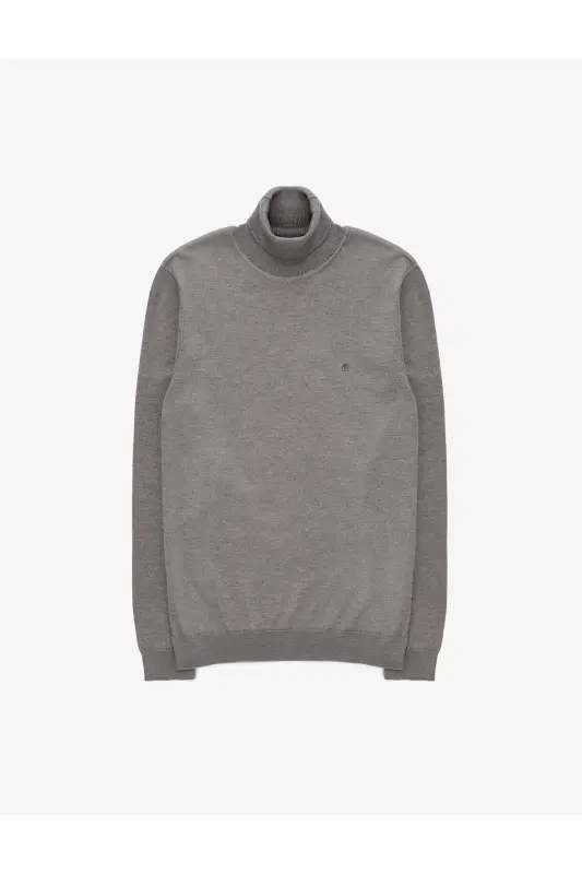 Gri Melanj Slim Fit Balıkçı Yaka Basic Triko Kazak 50314202-VR086 - Gri Melanj - 7