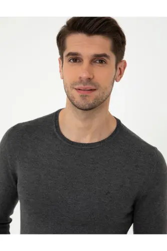 Gri Melanj Slim Fit Bisiklet Yaka Basic Triko Kazak 50248582-VR086-Gri Melanj - PIERRE CARDIN (1)