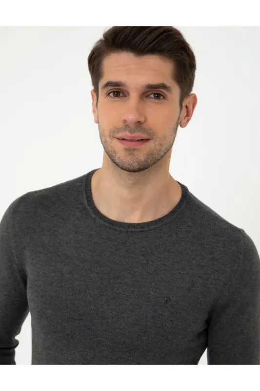 Gri Melanj Slim Fit Bisiklet Yaka Basic Triko Kazak 50248582-VR086-Gri Melanj - 2