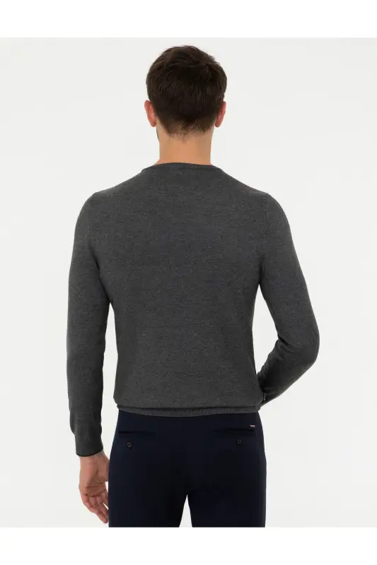 Gri Melanj Slim Fit Bisiklet Yaka Basic Triko Kazak 50248582-VR086-Gri Melanj - 4