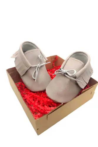 Gri Nubuk Deri Makosen Bebek Ayakkabısı Bebek Patiği-GRİ 